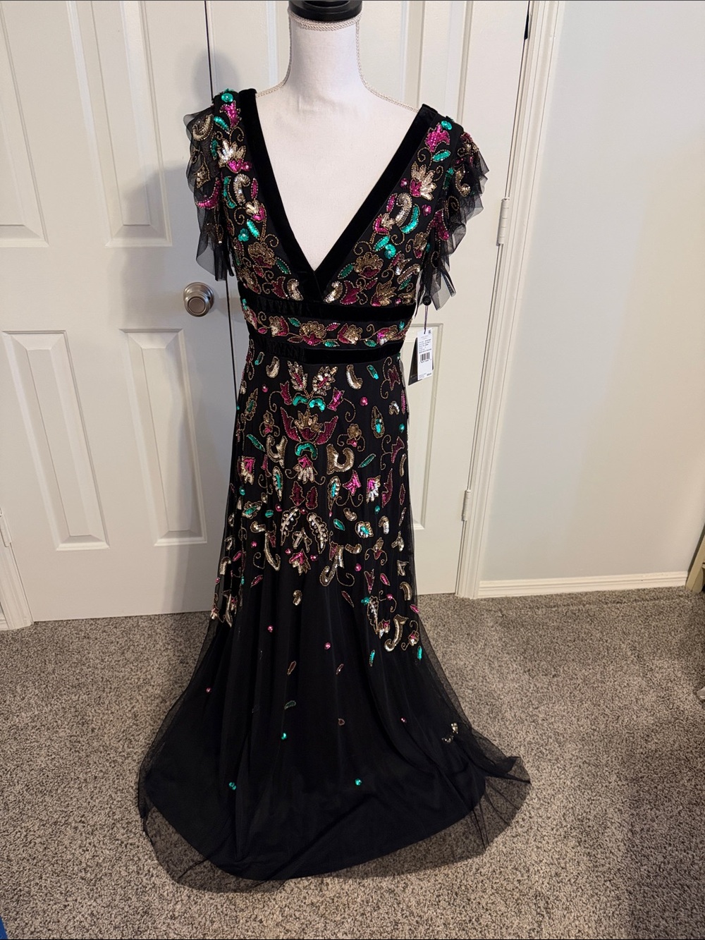 Adrianna Papell Black Maxi Dress with Pink, Teal and Gold Sequin Embroidery